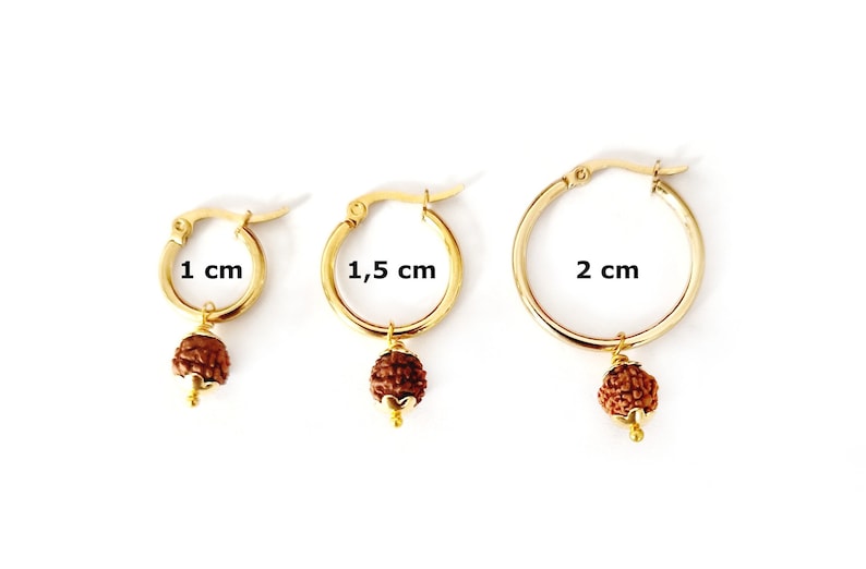 May include: Three gold hoop earrings with a brown bead charm. The hoops are 1 cm, 1.5 cm, and 2 cm in diameter.