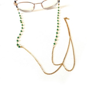 Brillenkette, Sonnenbrillenkette, Brillenband, goldenes Brillenband, grünes Brillenband, Brillenbandperlen, Brillenkettenperlen, Brille Bild 2