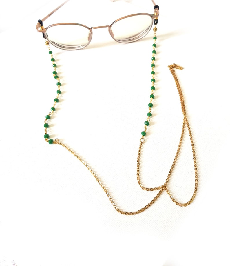 Brillenkette, Sonnenbrillenkette, Brillenband, goldenes Brillenband, grünes Brillenband, Brillenbandperlen, Brillenkettenperlen, Brille Bild 2
