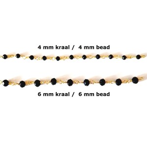 May include: Two strands of black beaded jewelry with gold-colored chain. The top strand has 4 mm beads, and the bottom strand has 6 mm beads. Text indicates the bead size.
