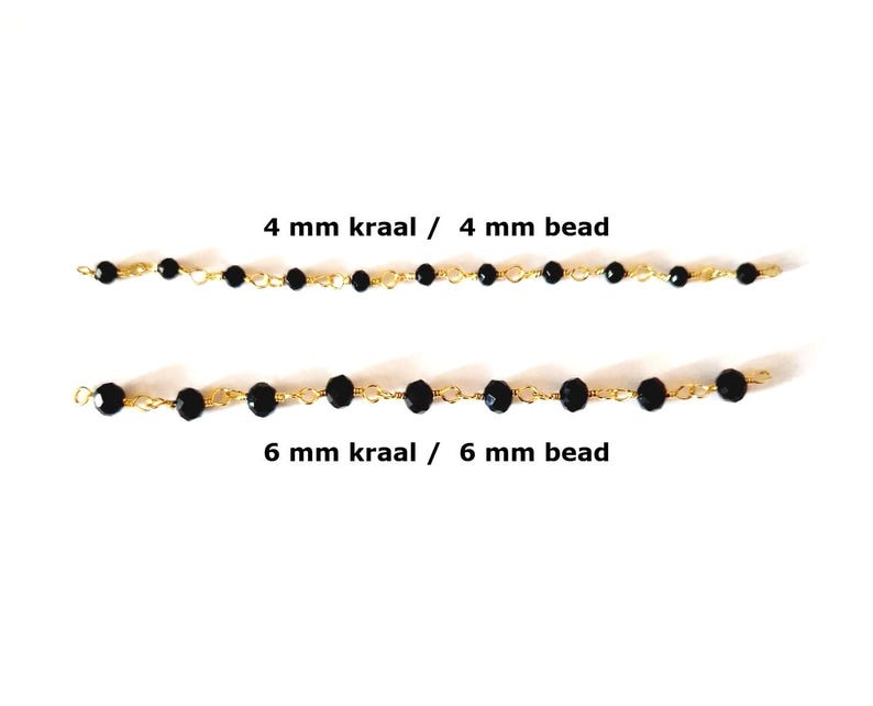 May include: Two strands of black beaded jewelry with gold-colored chain. The top strand has 4 mm beads, and the bottom strand has 6 mm beads. Text indicates the bead size.