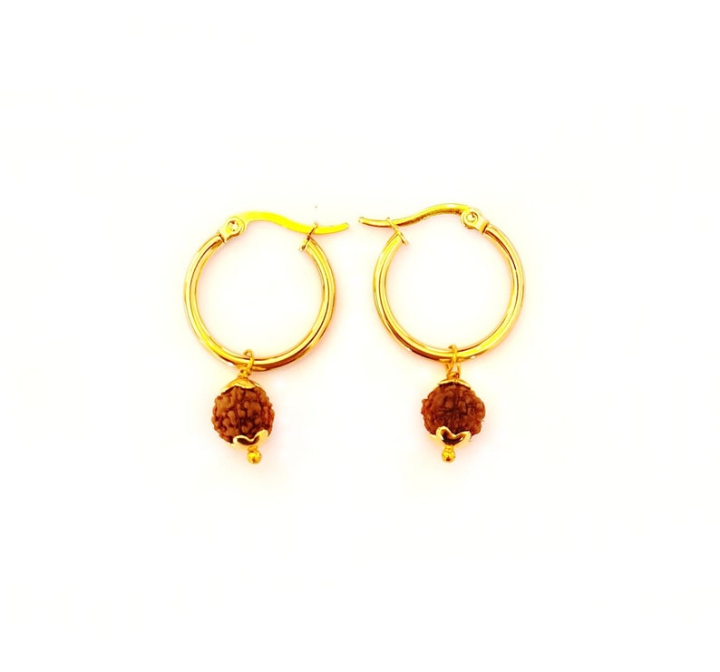 May include: A pair of gold hoop earrings with a small brown bead charm hanging from each hoop.
