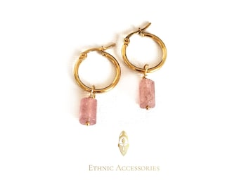 Strawberry quartz earrings, quartz creoles, gold earrings, pink earrings, quartz jewelry, chakra earrings, heart chakra earrings, quartz