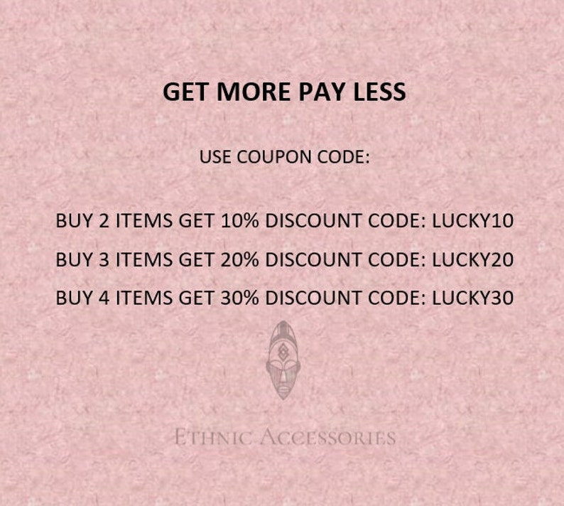 May include: Text graphic with the words "GET MORE PAY LESS" and "USE COUPON CODE:" followed by a list of discount codes for buying multiple items. The codes are "LUCKY10", "LUCKY20", and "LUCKY30".