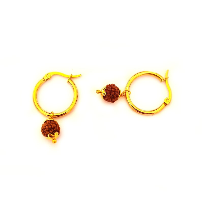 May include: Gold hoop earrings with a small brown bead charm hanging from each hoop.