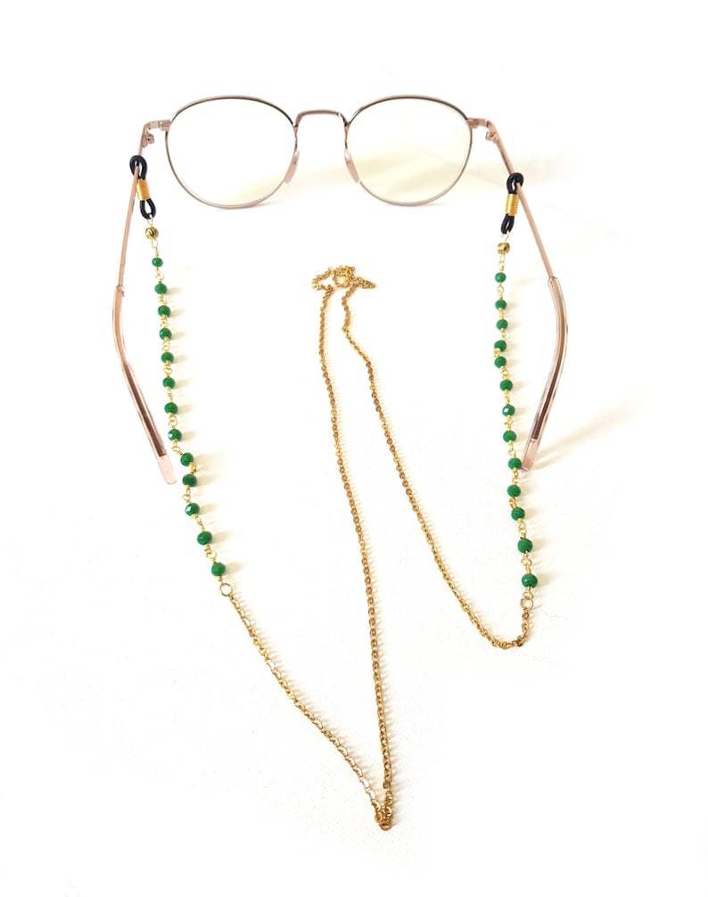 Brillenkette, Sonnenbrillenkette, Brillenband, goldenes Brillenband, grünes Brillenband, Brillenbandperlen, Brillenkettenperlen, Brille Bild 5