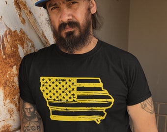 Koszulka z flagą Iowa American Flag w kolorze czarnym | USA Midwest, Farmer, Czarno-złoty, Iowa City, Tee, Shirt