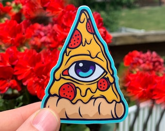 Naklejka na pizzę All-Seeing – Illuminati Eye Pizza Slice Decal, zabawna, psychodeliczna naklejka na laptopa, butelkę z wodą, deskorolkę