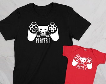 Koszulki dopasowujące się do gracza 1 i 2 | Prezent świąteczny, dzień ojca, zestaw dla dziecka, zestaw dla ojca i dziecka, body niemowlęce