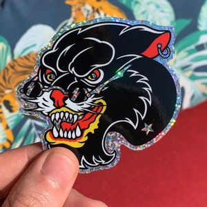 Panther Sticker Glitter | Flash Tattoo Style | Panther Decal Laptop Water Bottle | Cat Black Cool