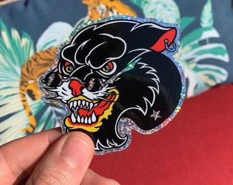 Naklejka Pantera Brokat | Styl Flash Tattoo | Naklejka Pantera Laptop Butelka Wody | Kot Czarny Cool