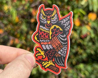 Naklejka Sowa | Styl Flash Tattoo | Winyl, Wodoodporny, Trwały | Naklejka na Laptopa | Kolor Jesienny