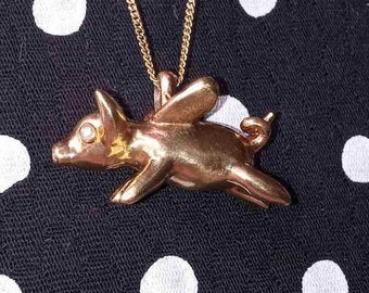 Flying Pig placcato oro 24K con catena in oro 18K 22"