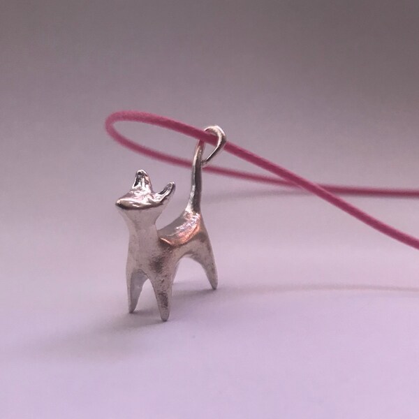 Sterling silver cat pendant with 18" pink cord