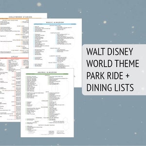 May include: A printable checklist for Walt Disney World theme park rides and dining options. The checklist is divided into four sections: Hollywood Studios, Magic Kingdom, Epcot, and Animal Kingdom.