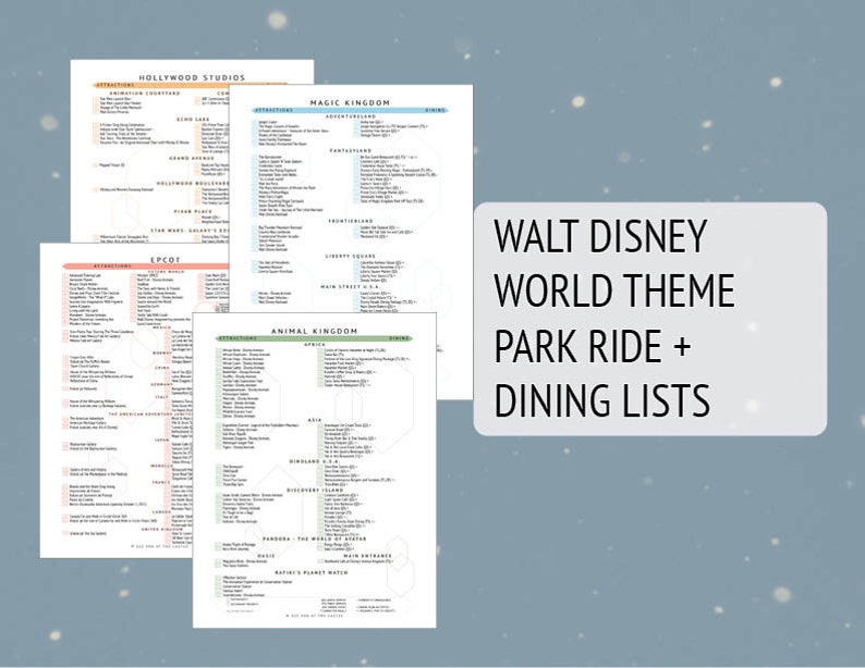 May include: A printable checklist for Walt Disney World theme park rides and dining options. The checklist is divided into four sections: Hollywood Studios, Magic Kingdom, Epcot, and Animal Kingdom.