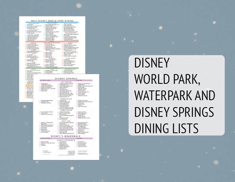 May include: Three printable lists of dining options at Walt Disney World, including the theme parks, water parks, and Disney Springs. The lists are organized by attraction and include the name of the restaurant and the type of cuisine.
