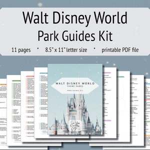 May include: A printable guide kit for Walt Disney World theme parks. The kit includes 11 pages with information about attractions, dining, and activities. The cover features a colorful illustration of Cinderella's Castle.