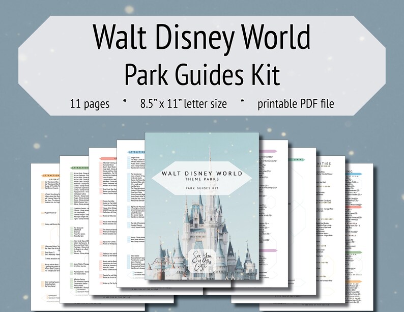 May include: A printable guide kit for Walt Disney World theme parks. The kit includes 11 pages with information about attractions, dining, and activities. The cover features a colorful illustration of Cinderella's Castle.