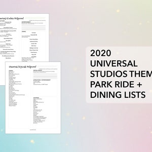 May include: Two black and white printable checklists for Universal Studios Hollywood in 2020. The checklists include lists of attractions, entertainment, dining, special events, and shopping.