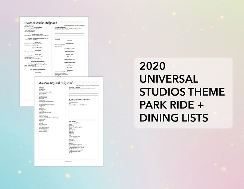 May include: Two black and white printable checklists for Universal Studios Hollywood in 2020. The checklists include lists of attractions, entertainment, dining, special events, and shopping.