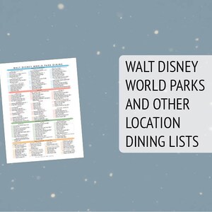 May include: A printable list of dining options at Walt Disney World Parks and other locations. The list is organized by park and includes the name of each restaurant.
