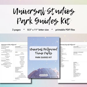 May include: A printable guide kit for Universal Studios Hollywood Theme Parks. The kit includes three pages, each measuring 8.5 inches by 11 inches, and is designed for letter size paper. The cover features a stylized image of the globe with the text "Universal Hollywood Theme Parks Park Guides Kit".