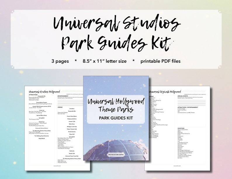 May include: A printable guide kit for Universal Studios Hollywood Theme Parks. The kit includes three pages, each measuring 8.5 inches by 11 inches, and is designed for letter size paper. The cover features a stylized image of the globe with the text "Universal Hollywood Theme Parks Park Guides Kit".