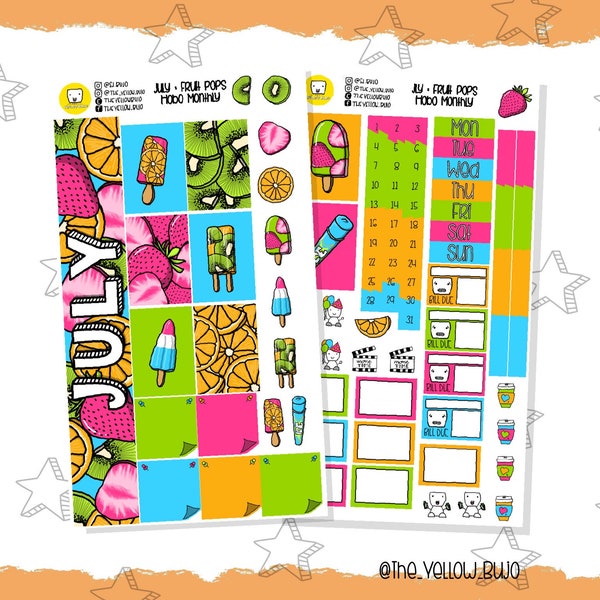 July: Fruit Pops Monthly Hobonichi Weeks kit, planner stickers cute kawaii, planner, happy planner, filo fax, bullet journal, TN,