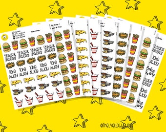 Take Away Essen Sticker, Burger, Chinesisch, Indisch, Fisch & Chips, Skript-Symbol Aufkleber, vertikale Planer, Bullet Journal, Hobonichi,
