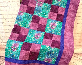 Handmade Floral Patchwork Throw Quilt: Purple & Green Home Decor