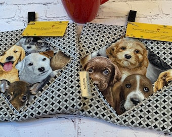 Handmade Dog Quilted Pot Holders, Set of 2:  Gift, 8" x 8"