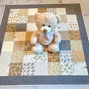 Handmade Woodland Animals Baby Quilt: Neutral Nursery Bedding