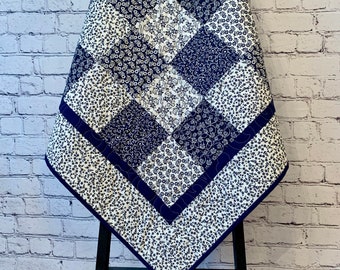 Handmade Quilt, Navy Blue and White Quilt, Patchwork Quilt, Lap Quilt, Table Topper, Wall Hanging, Quilts for Sale