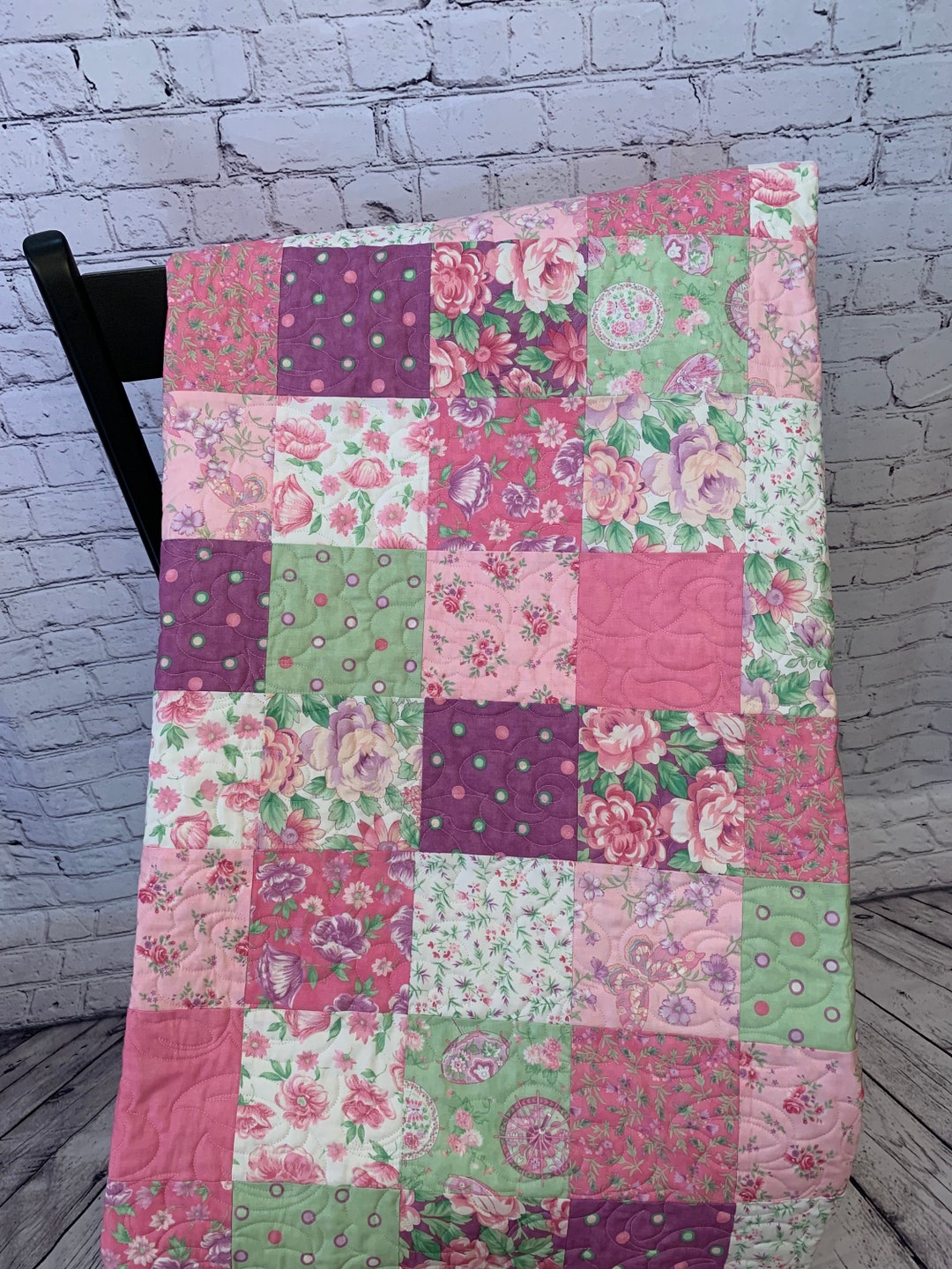 Handmade Large Quilted Throw Blanket, Pink and Purple Floral Patchwork ...