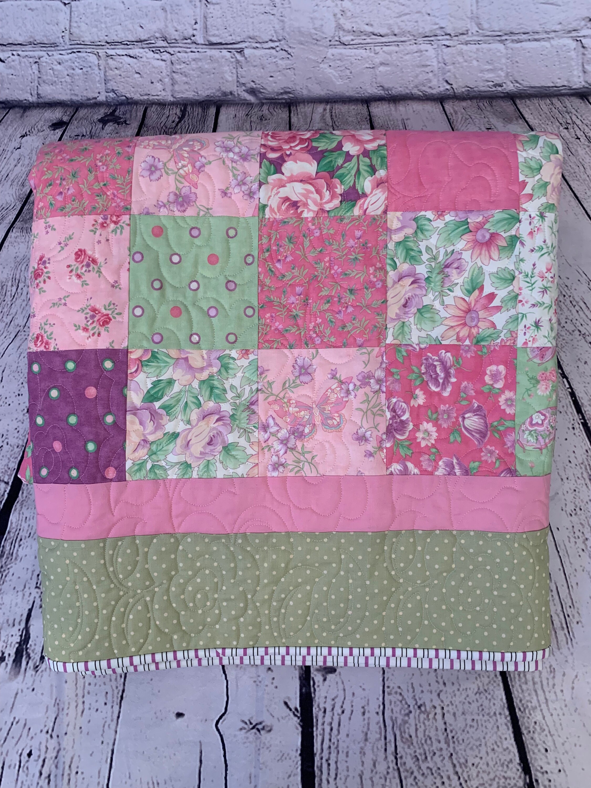 Handmade Large Quilted Throw Blanket, Pink and Purple Floral Patchwork ...