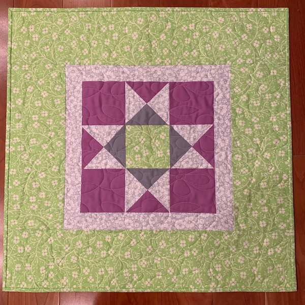 Handmade Ohio Star Quilt: Green & Purple Floral Table Topper
