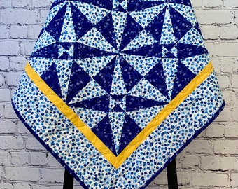Handmade Modern Blue White and Gold Quilt, Lap or Table Quilt, Wall Hanging, Gift for Her, One of a Kind Gift