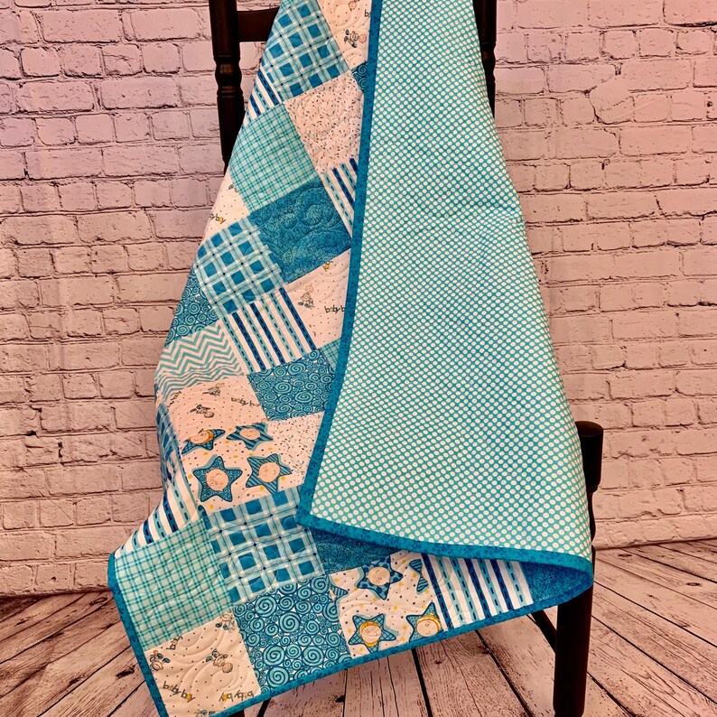 Handmade Baby Boy Quilt, Blue and White Heirloom Quilt, Crib Blanket