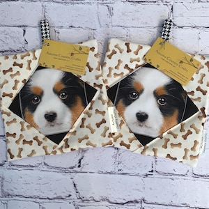 May include: Two square pot holders featuring a puppy face design. The pot holders have a cream background with brown dog bone patterns. Each pot holder has a black and white checkered hanging loop and a tag that reads "Autumn Country Crafts".