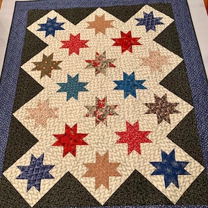 Handmade Throw Quilt, Scrappy Sawtooth Star Quilt, Sofa Blanket, Bed Topper, Lap Quilt, Home Decor, Gift for Her, One-of-a-Kind Gift