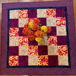 Handmade Floral Patchwork Quilt: Magenta, Gold, and Pink Lap or Table Quilt