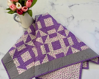 Handmade Purple and Pink Churn Dash Design Quilt, Floral Lap or Table Quilt, Wall Hanging, One-of-a-Kind Gift