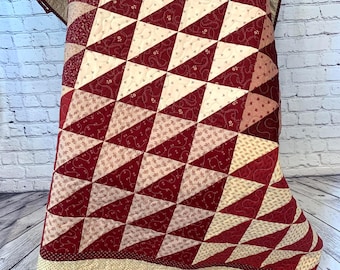 Handmade Red and Beige Half Square Triangle Quilt:  Throw and Sofa Blanket, 55" x 55"