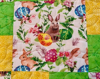 Handmade Easter and Spring Quilt, Bunnies and Easter Eggs,  Patchwork Quilt, Lap Quilt, Spring Country Cottage Decorating, Easter Gift