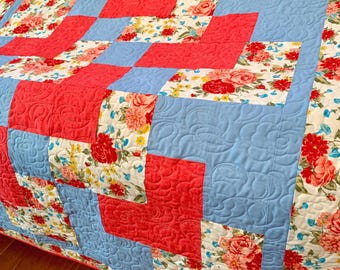 Handmade Floral Patchwork Quilt: Country Rose Throw Blanket, 46" x 59"