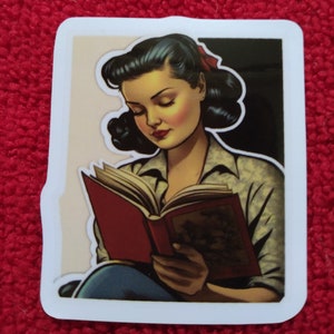 Anime style sticker decal of 1940s Young Woman Girl Book Lover Reading