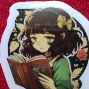 Anime style sticker decal of Vintage Young Woman Girl Book Lover Reading a Book