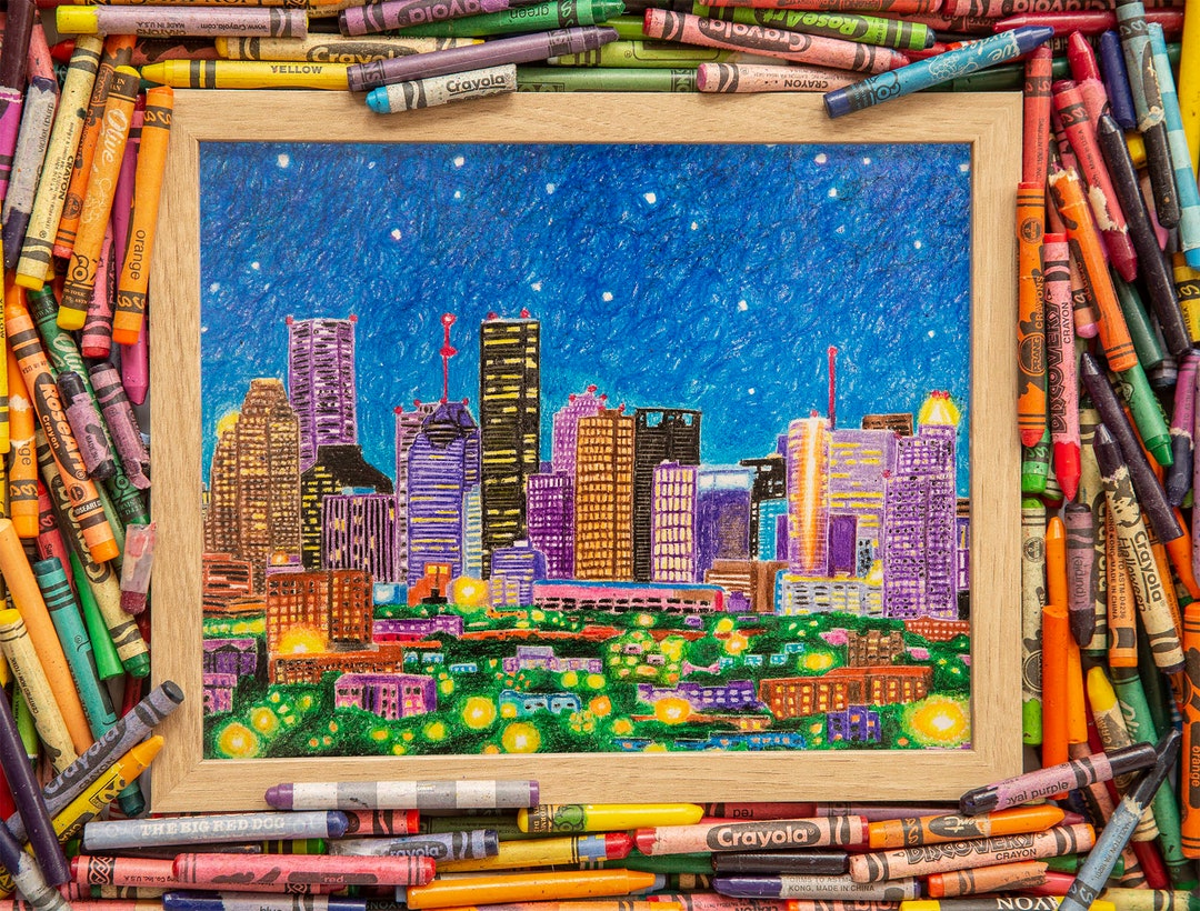 Houston Skyline Crayon Art Print Colorful Home Decor Etsy