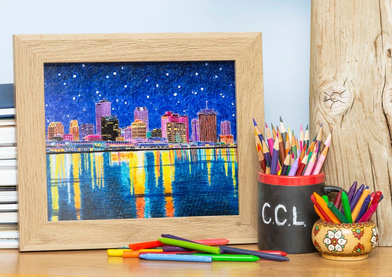 New Orleans Skyline Crayon Art Print Colorful Wall Art Home Etsy